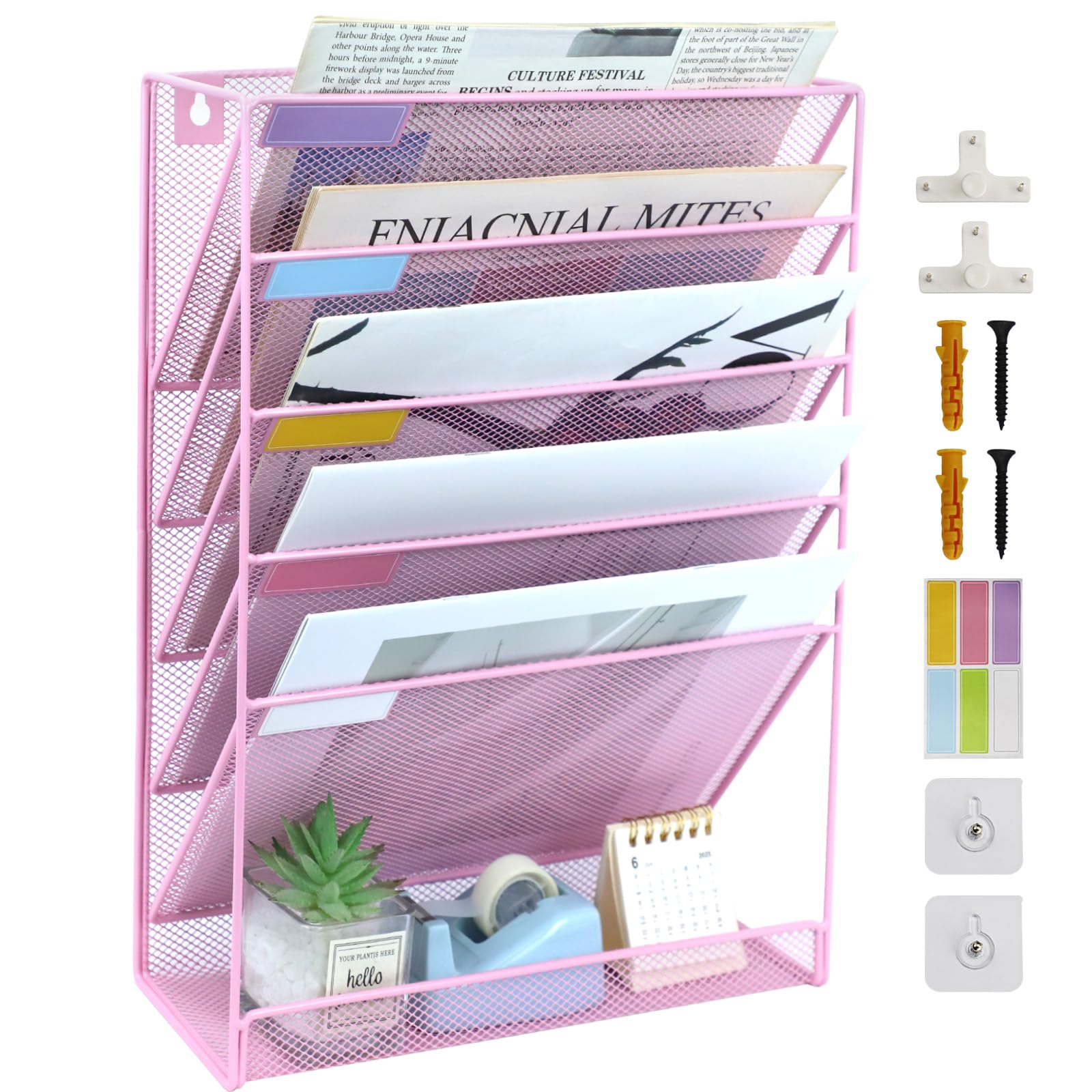 ideallife 5 Pockets Mesh Wall File Holder Organizer with Bottom Flat Tray, Office Hanging File