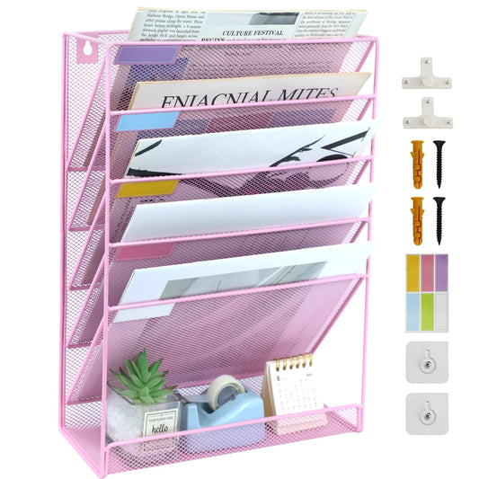 ideallife 5 Pockets Mesh Wall File Holder Organizer with Bottom Flat Tray, Office Hanging File