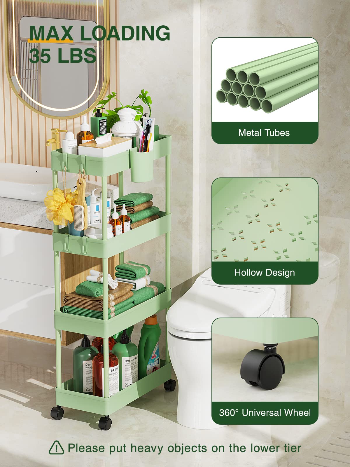 LEHOM Slim Rolling Storage Cart - 4 Tiers Bathroom Organizer Utility Cart