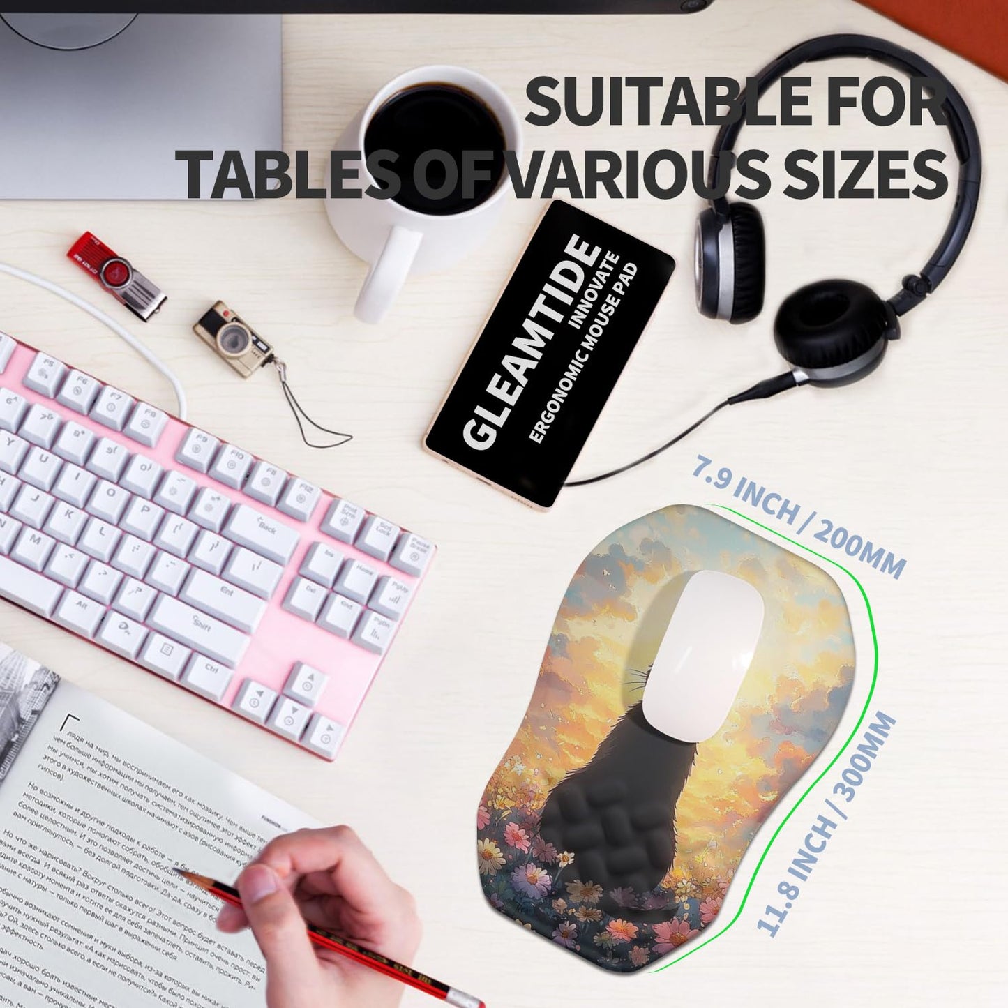 Gleamtide Ergonomic Raised Mouse Pad Wrist Support with Bilateral Slope Memory Foam Mousepad for