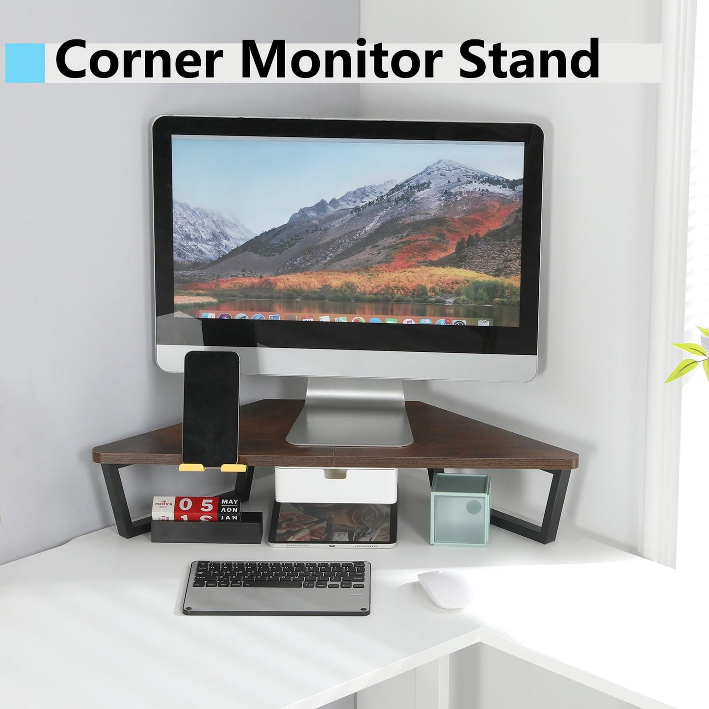 TEAMIX Corner Monitor Stand with Drawer and Phone Holder, 26x12.6x5.3in
