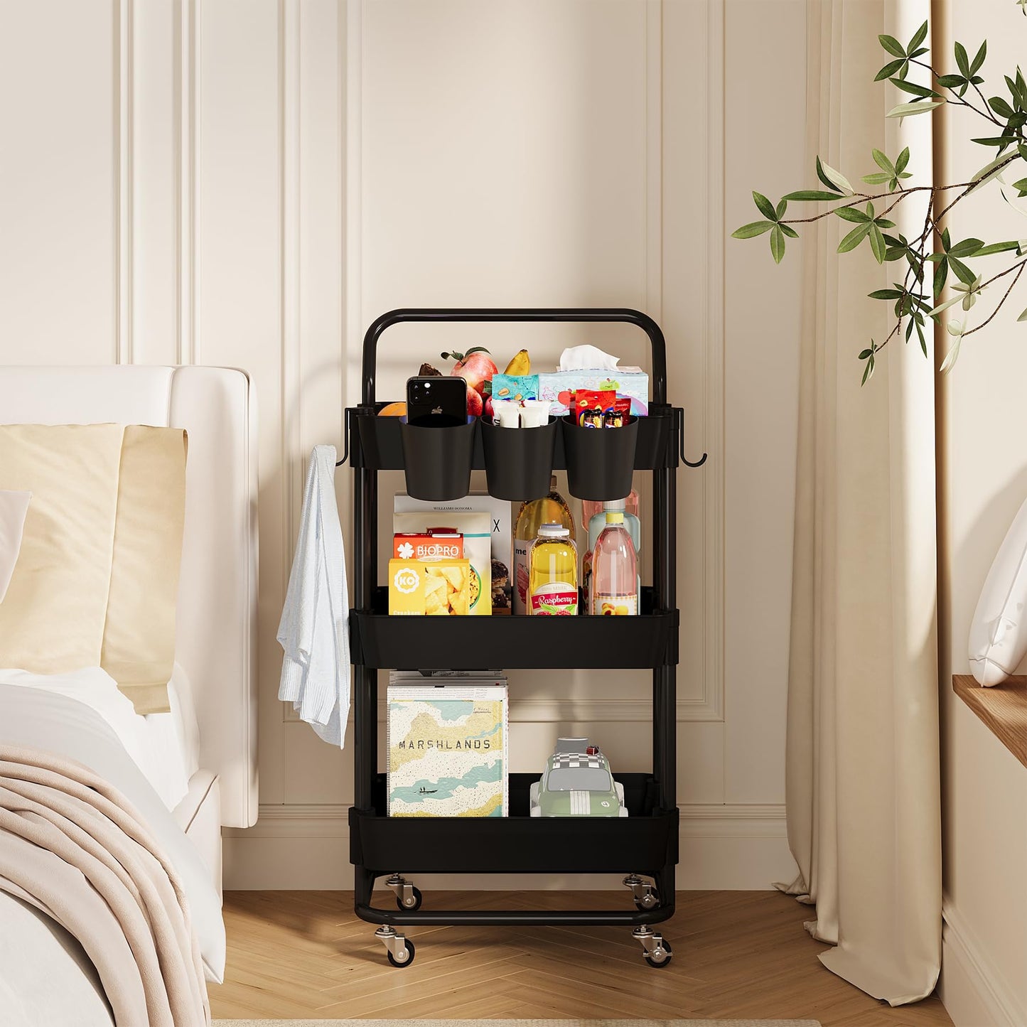 Buzowruil 3-Tier Rolling Utility Cart, Storage Cart with Handle Multi-Purpose and Locking