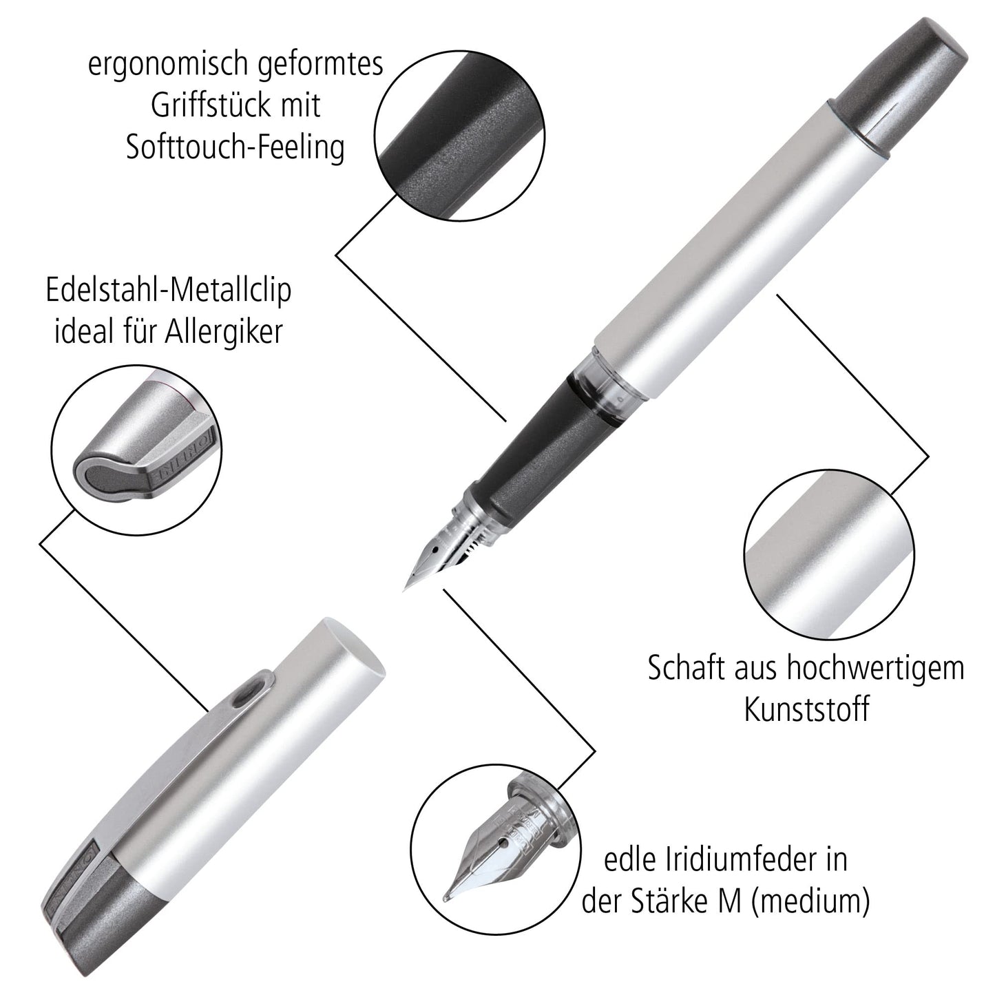 Online Ergonomic Fountain Pen for School/College - Campus Feel Grey - Solid Medium Nib, Soft Grip