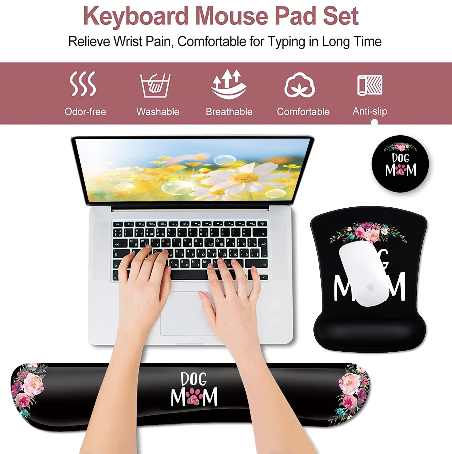 Ergonomic Mouse Pad with Gel Wrist Rest Support,Cute Dog Mom Floral and Black MousePads Desktop