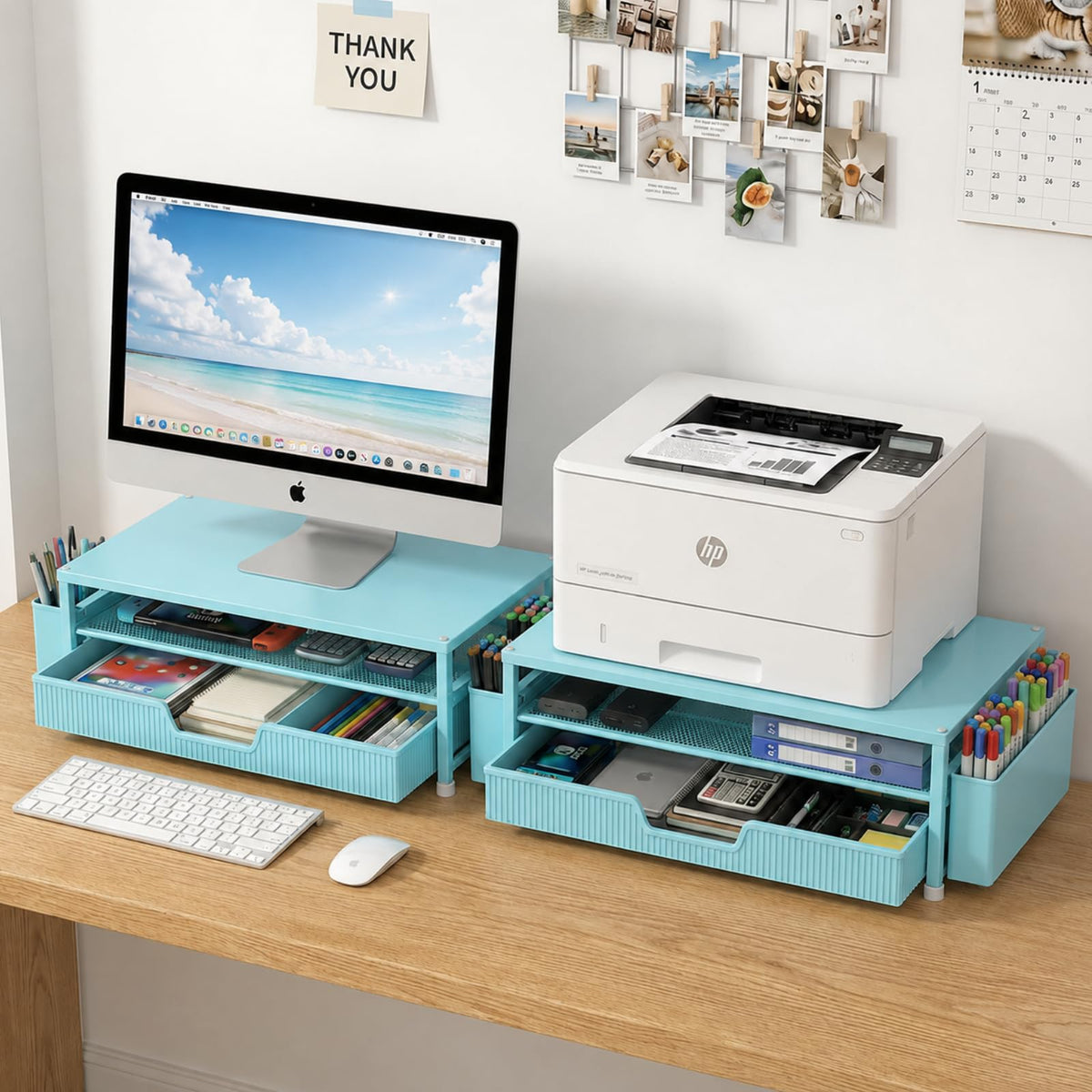 ECOLOVI Desk Organizer and Accessories, 2-Tier Computer Monitor Stand Rise with Storage Drawer & 2