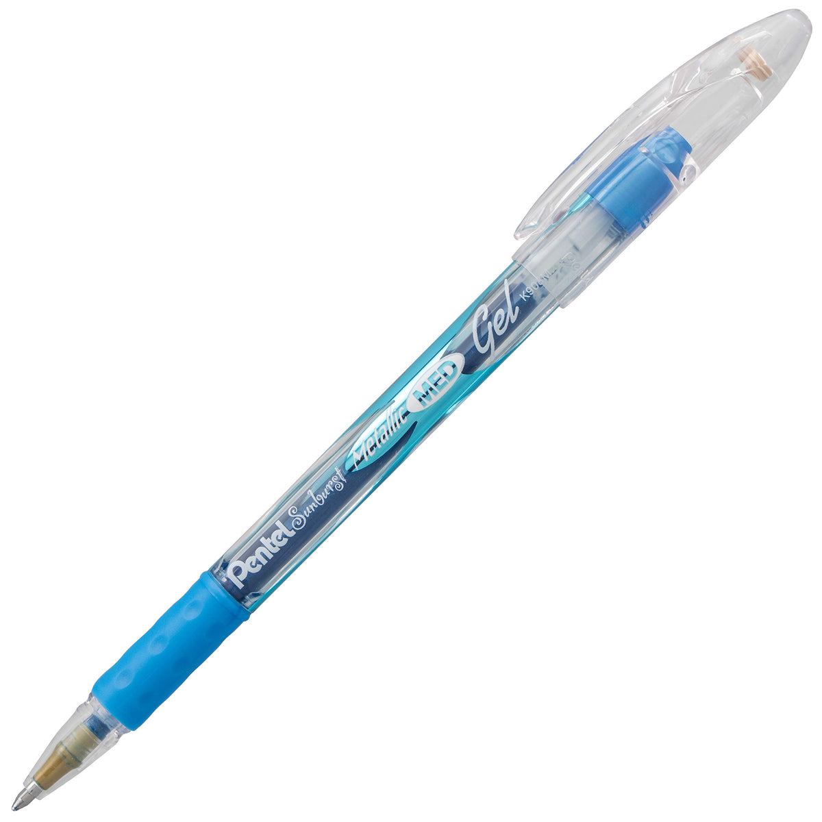 Pentel Sunburst Metallic Gel Pen, 0.8mm Tip Writes 0.4mm Line, Blue/Transparent Barrel Blue Ink