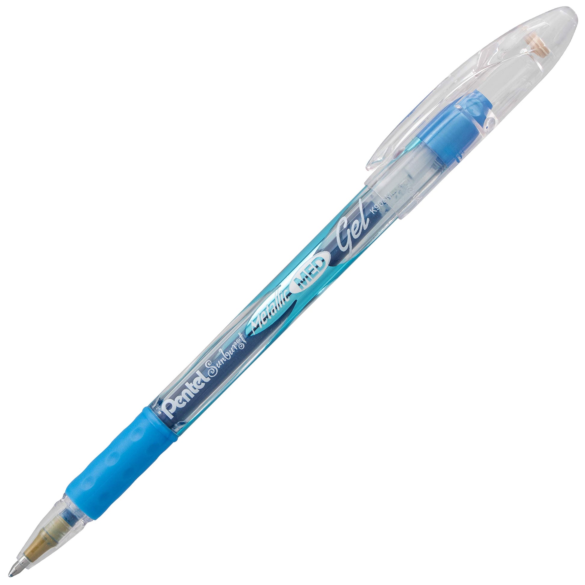 Pentel Sunburst Metallic Gel Pen, 0.8mm Tip Writes 0.4mm Line, Blue/Transparent Barrel Blue Ink
