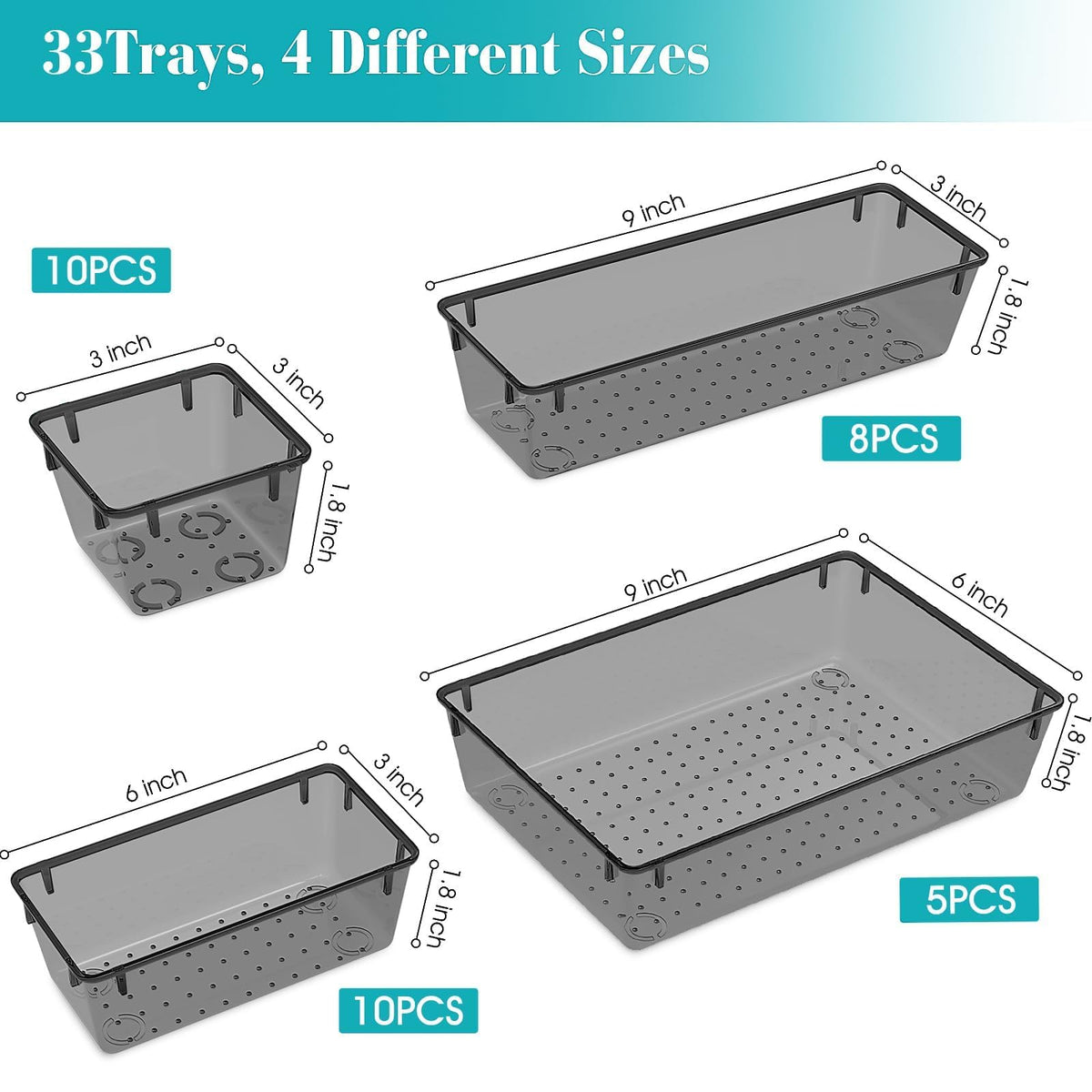 33 PCS Plastic Drawer Organizers Set, 4 Size Desk Drawer Organizer Trays
