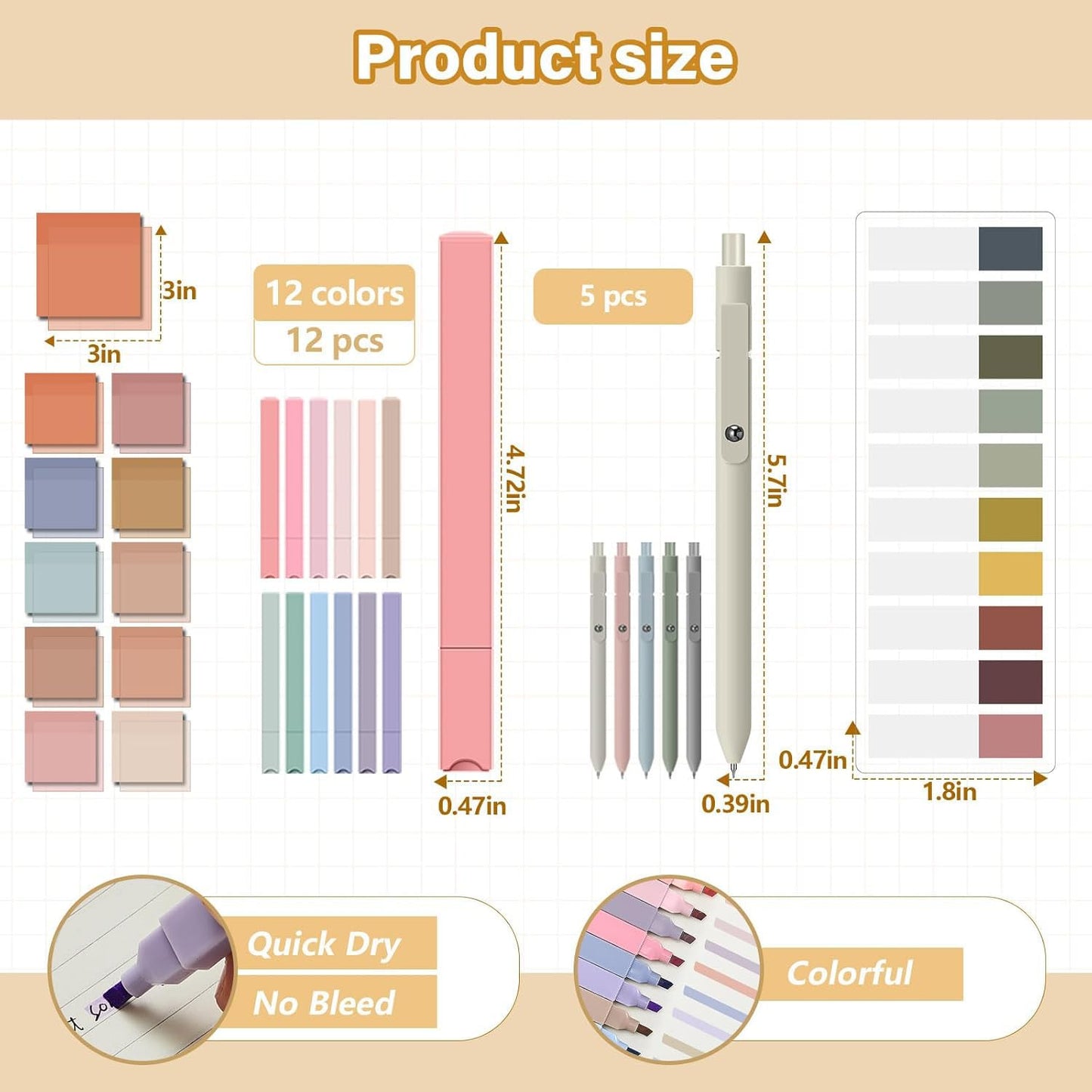 Jutom 39 Pcs Aesthetic Book Annotation Kit,Khaki,Cute Style