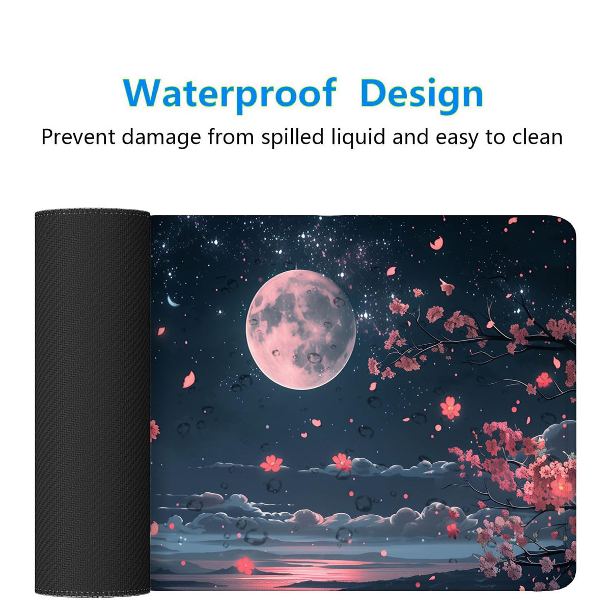 Cherry Blossom Floral Desk Pad Mouse Pad Kawaii Pink Black Moon Floral Gaming Mouse Mat with
