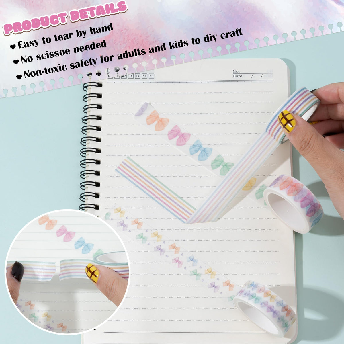 BkeeCten Watercolor Bow Washi Tape - 24 Rolls Colorful Watercolor Bow Pastel Preppy Aesthetic