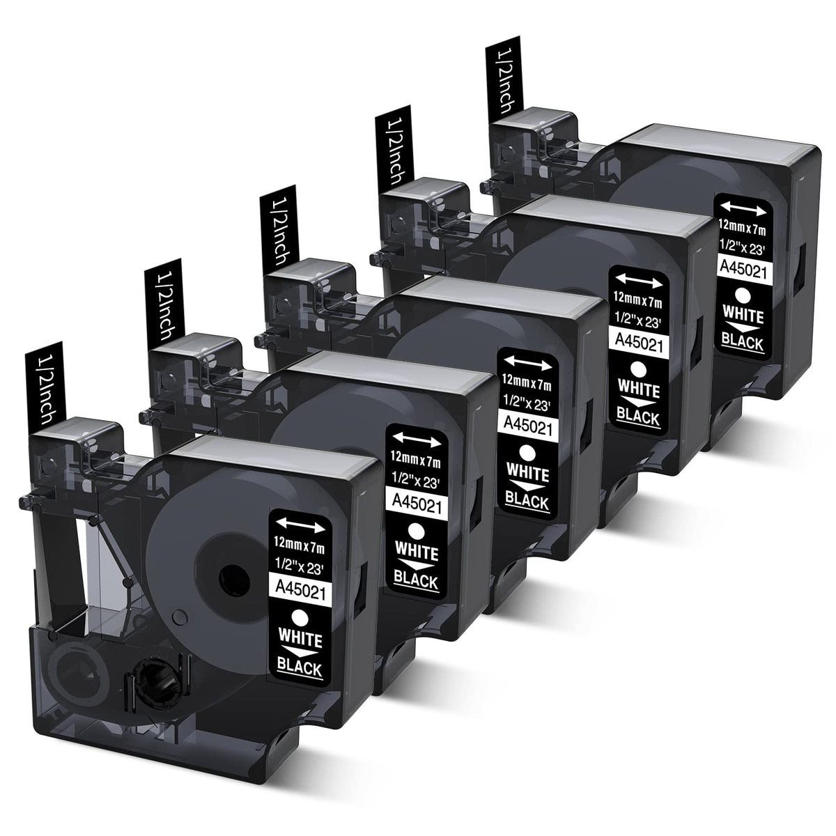 5-Pack Replace for DYMO D1 Label Tape 45021 White on Black 1/2 Inch x 23Ft