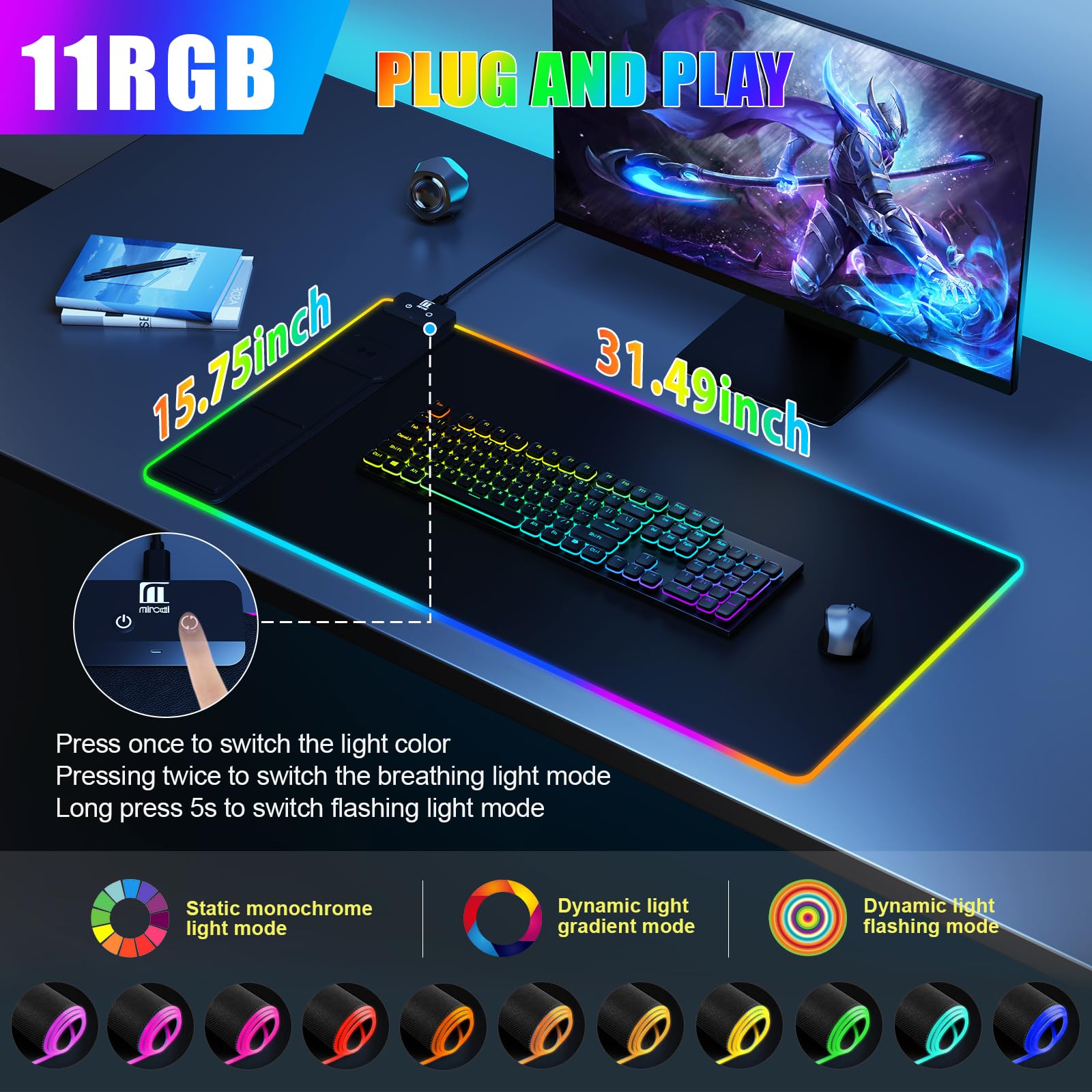 Wireless Charging RGB Mouse Pad with Phone Stand, Large Gaming Desk Mat (Black - 31.5x15.8 Phone