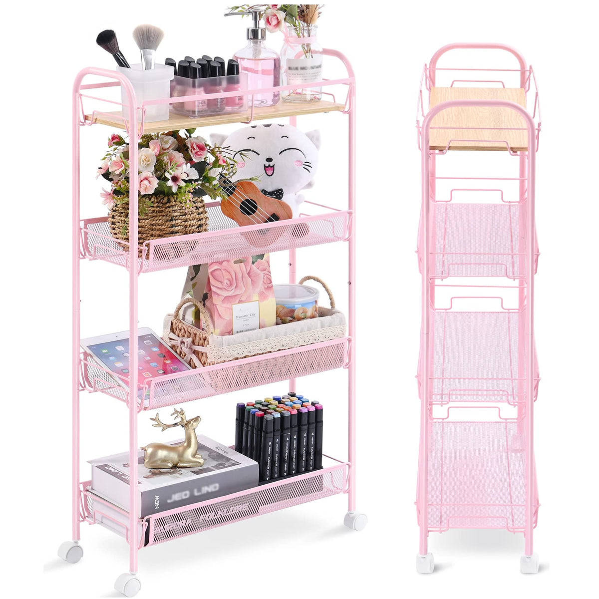KINGRACK 4-Tier Slim Rolling Cart with Wooden Tabletop, Easy Assemble Metal Utility Cart, Slide Out