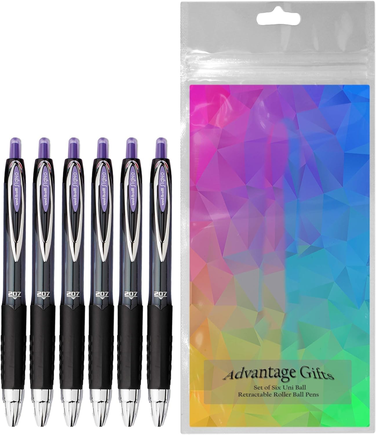 Advantage Gifts Signo 207 Roller Ball Retractable Gel Pens, Medium Point (0.7mm), Purple Ink, 6