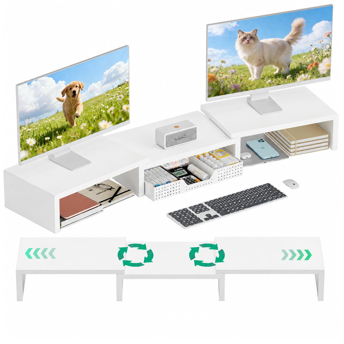 OPNICE Dual Computer Monitor Stand Riser, Desk Organizer with Drawer, Office Desk Accessories &
