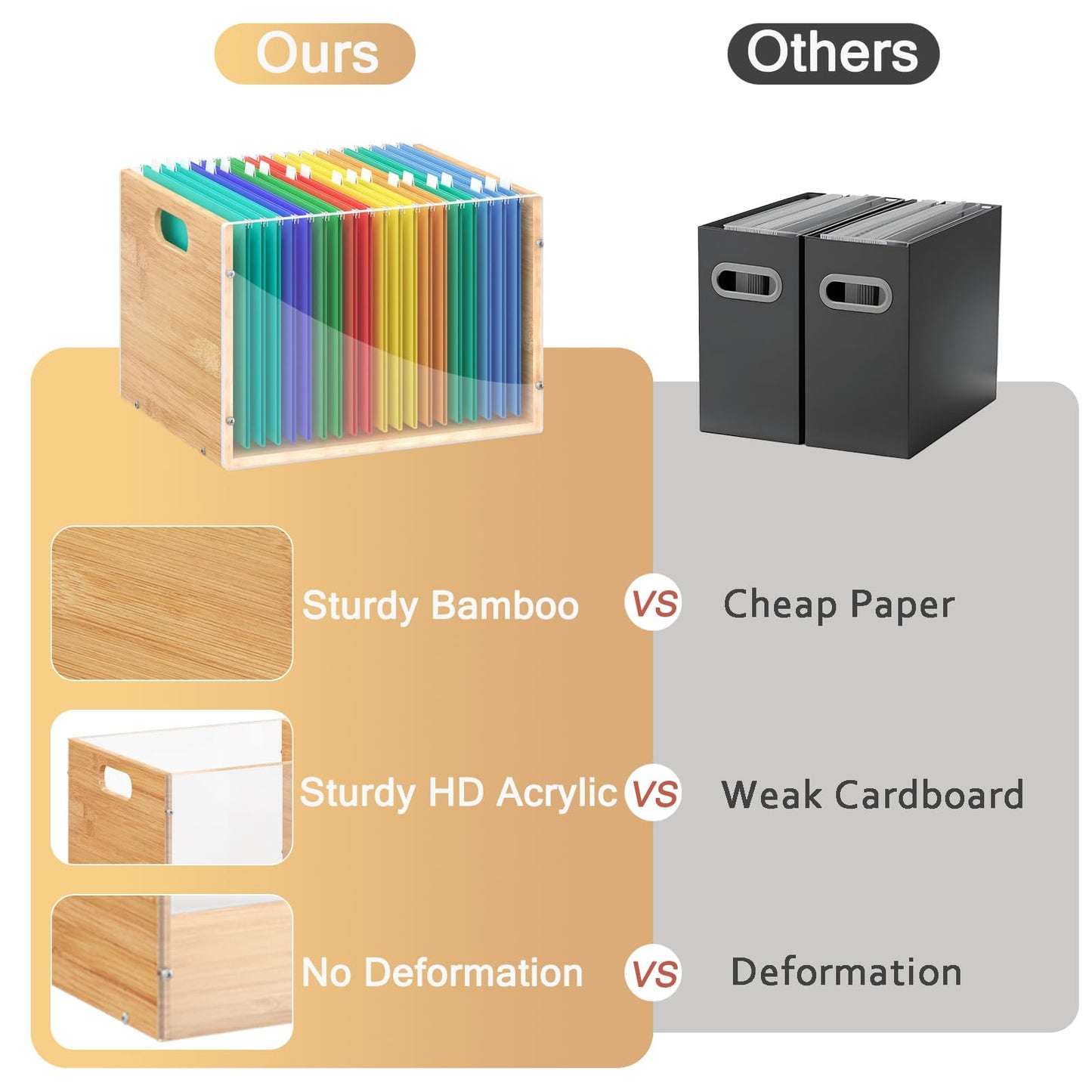 Sbanmao Clear Acrylic File Box Organizer, Bamboo Hanging Folder Storage Boxes, Filing Crate Bin