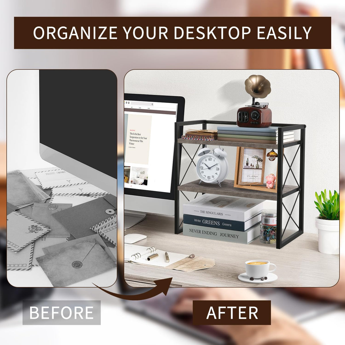 YINMIT Desktop Shelf Organizer, 2 Tier Office Shelves, Wood Desk Organizer Storage Rack and
