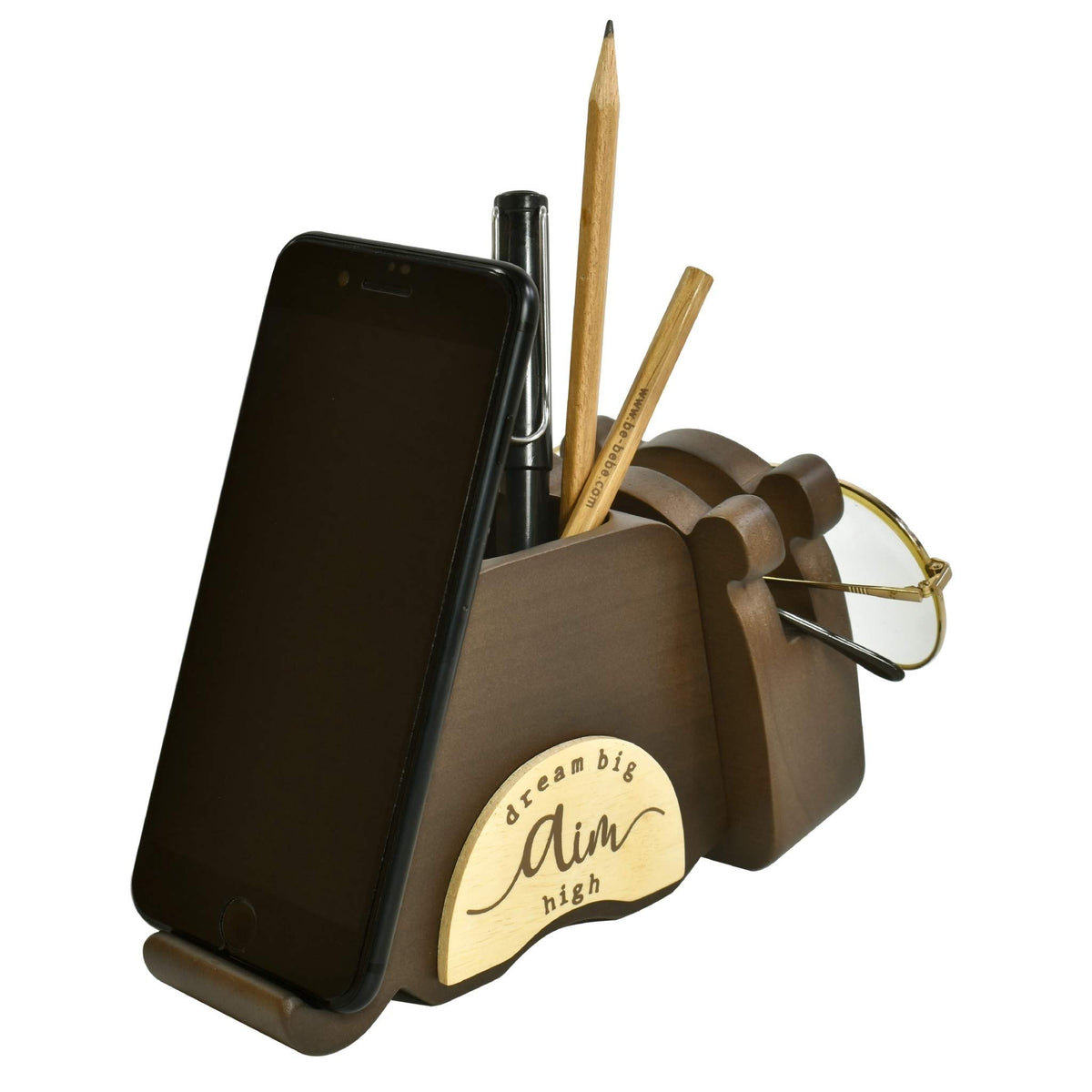 I'm Wood Multipurpose Eyeglass Phone Pen & Pencil Holder Stand Stationery Desk Organizer
