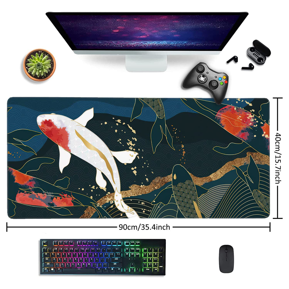 Watercolor Japanese Koi Fish Extended Gaming Mouse Pad Large Desk Mat with Non-Slip Rubber Base and
