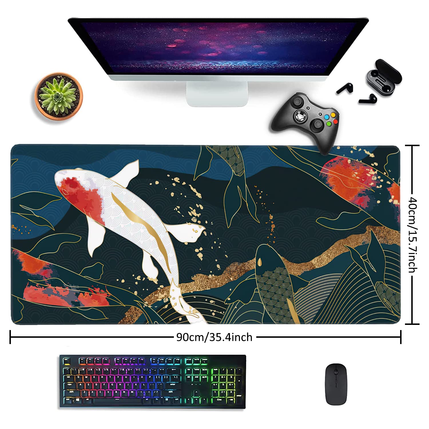 Watercolor Japanese Koi Fish Extended Gaming Mouse Pad Large Desk Mat with Non-Slip Rubber Base and