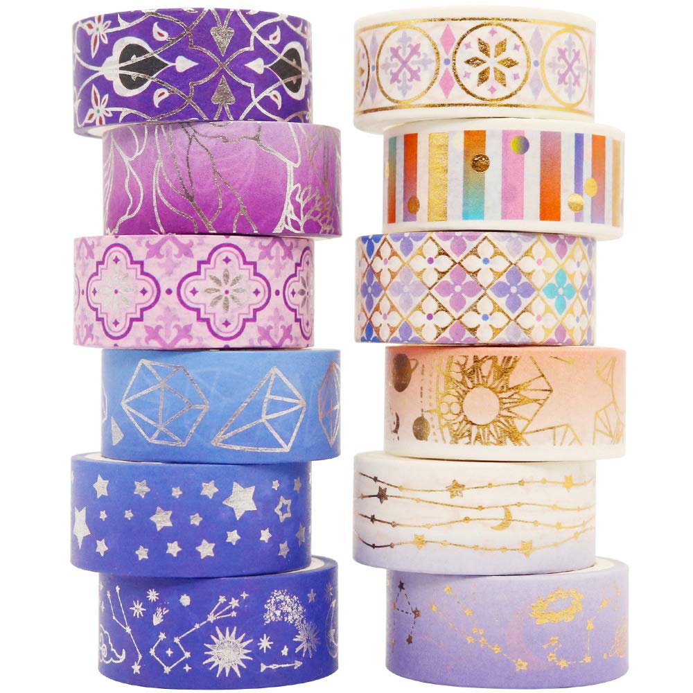 YUBBAEX Galaxy Washi Tape Set Purple Stars Decorative Tapes Silver Gold Foil Masking for Arts, DIY