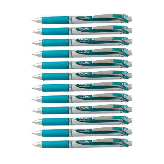 Pentel EnerGel RTX Retractable Liquid Gel Pen Metal Tip, 12 Pack, (0.7mm), Medium Line, Turquoise