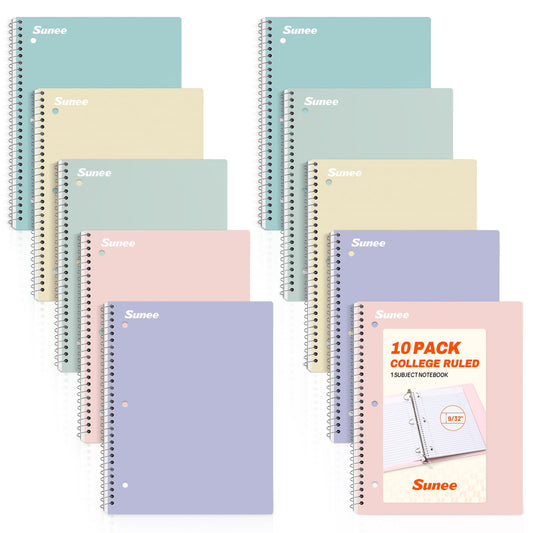 SUNEE Spiral Notebooks, 1-Subject, 10 Pack, College Ruled Paper, 8" x 10-1/2", 70 Sheets per