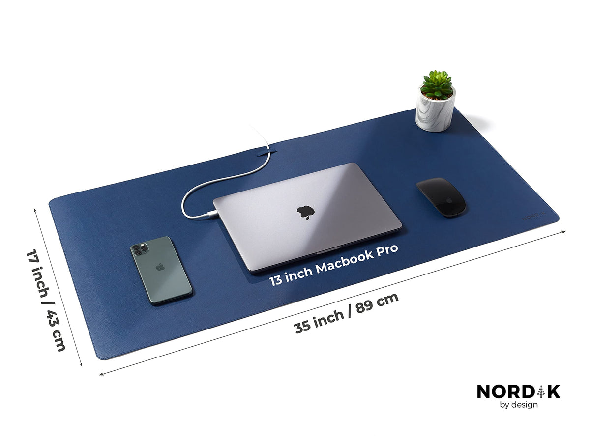 Nordik Leather Desk Mat - Midnight Blue - Large Leather Desk Pad 35x17 in