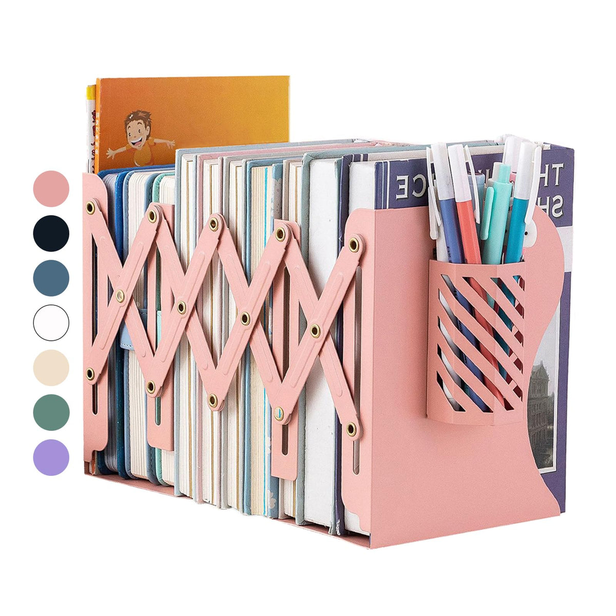 Kingsmile Book Ends, Adjustable Heavy Duty Metal Book Stoppers with Pen Holder for Desk Office