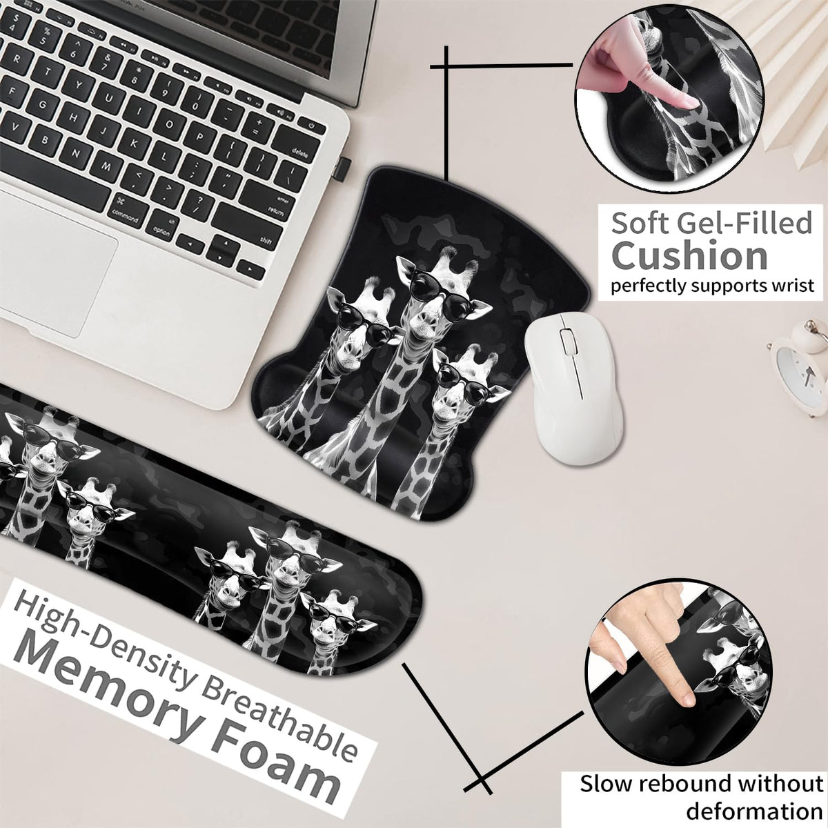 Rectangular Mouse Pad Wrist Protector-Printed with Cool Giraffes, Ergonomically Non-Slip Rubber