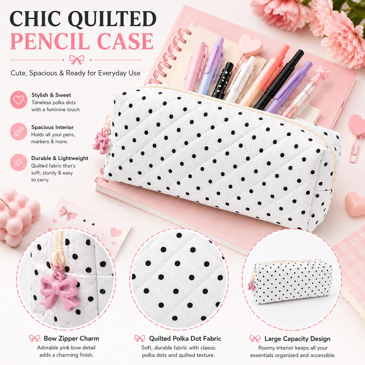 shiprabags Cute Quilted Pencil Case for Women, Aesthetic Small Floral Pencil Pouch, Slim Soft