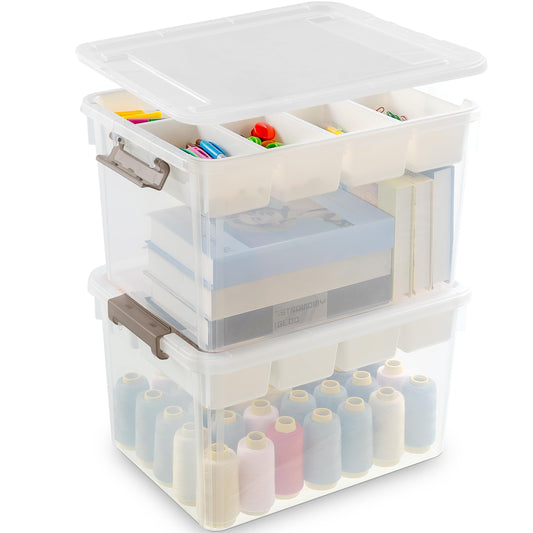 Citylife 32QT 2Packs Clear Craft Organizers and Storage Box with Tray