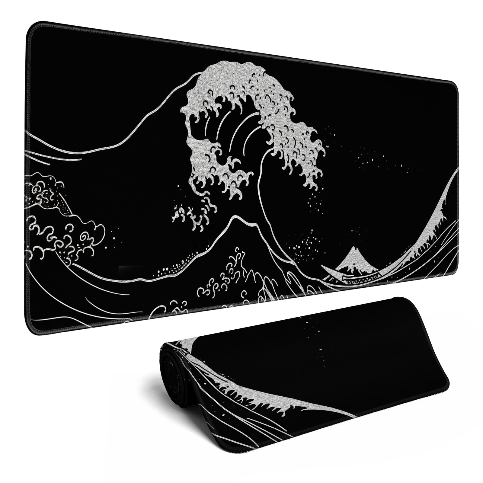 Japanese Sea Wave Gaming Mouse Pad Kanagawa Black Desk Mat Kawaii Mousepad Mouse Pad, Extra Large
