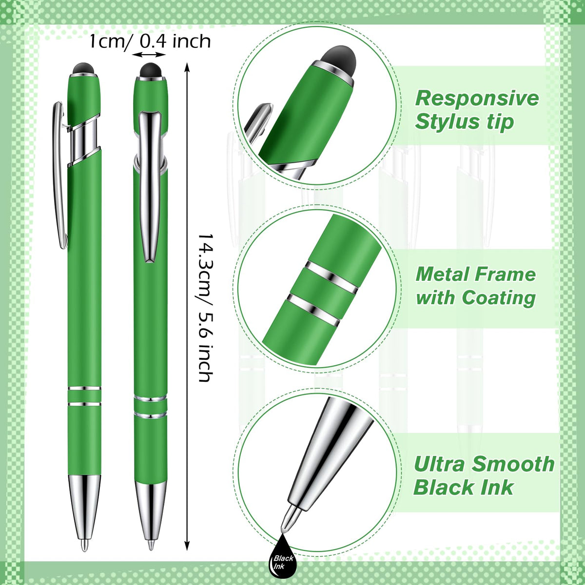 Zonon 38 Pcs Stylus Ballpoint Pens, Metal Rubberized Grip, Green