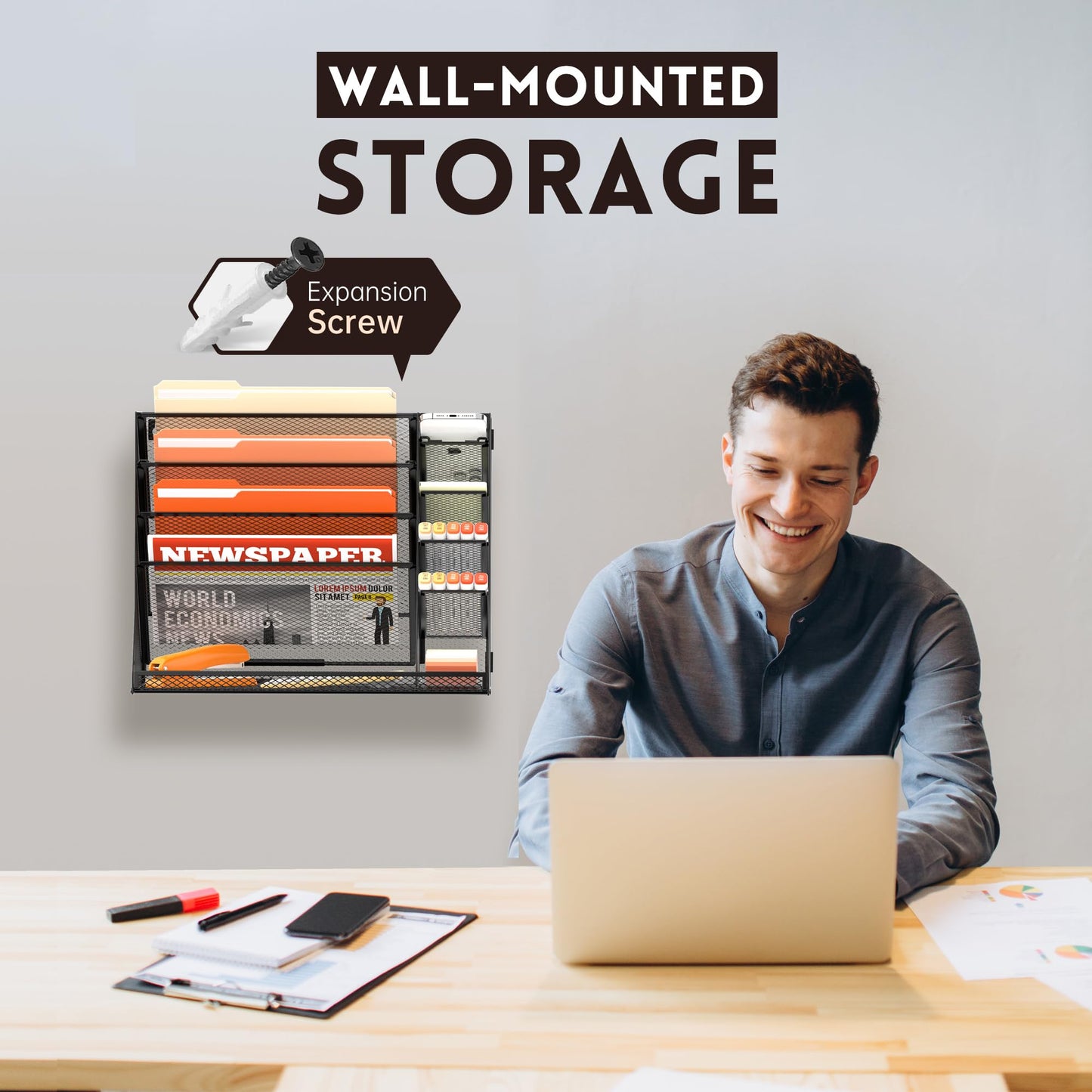 5-Tier Wall File Organizer with 4 Pen Holders and R-Shaped Tray, Black