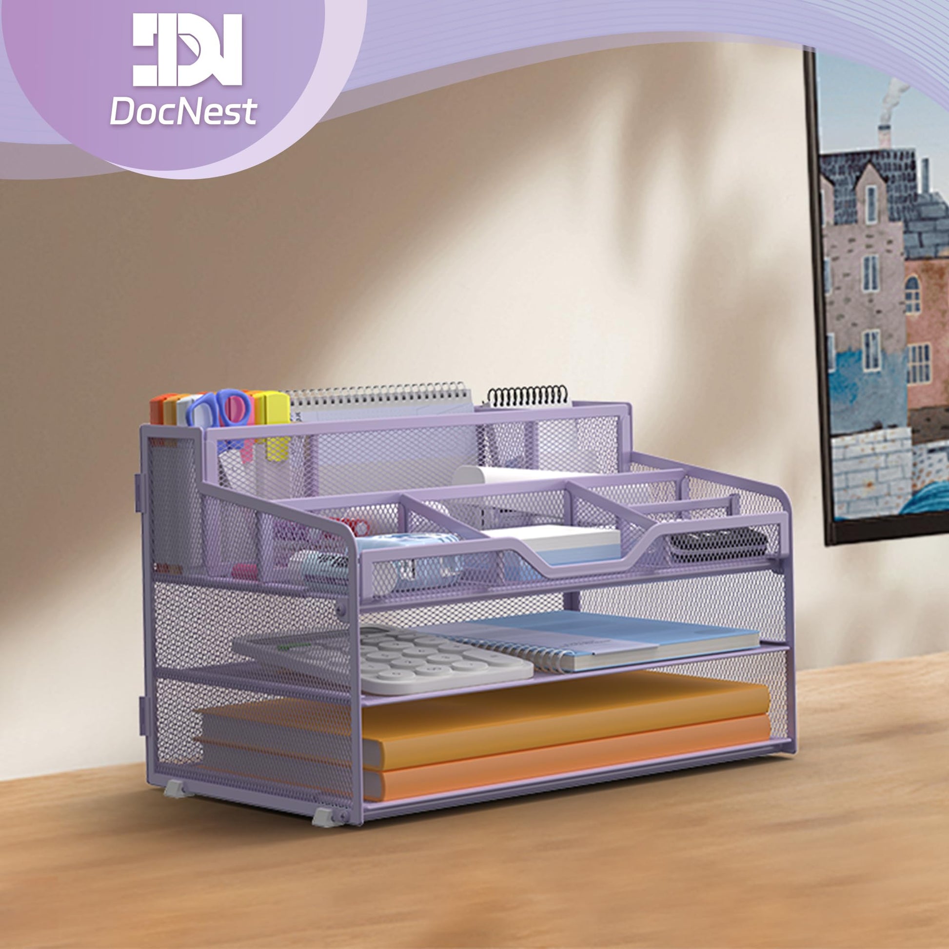 Docnest 3 Tier Mesh Desk Organizer with Letter Tray & Paper Sorter, Purple