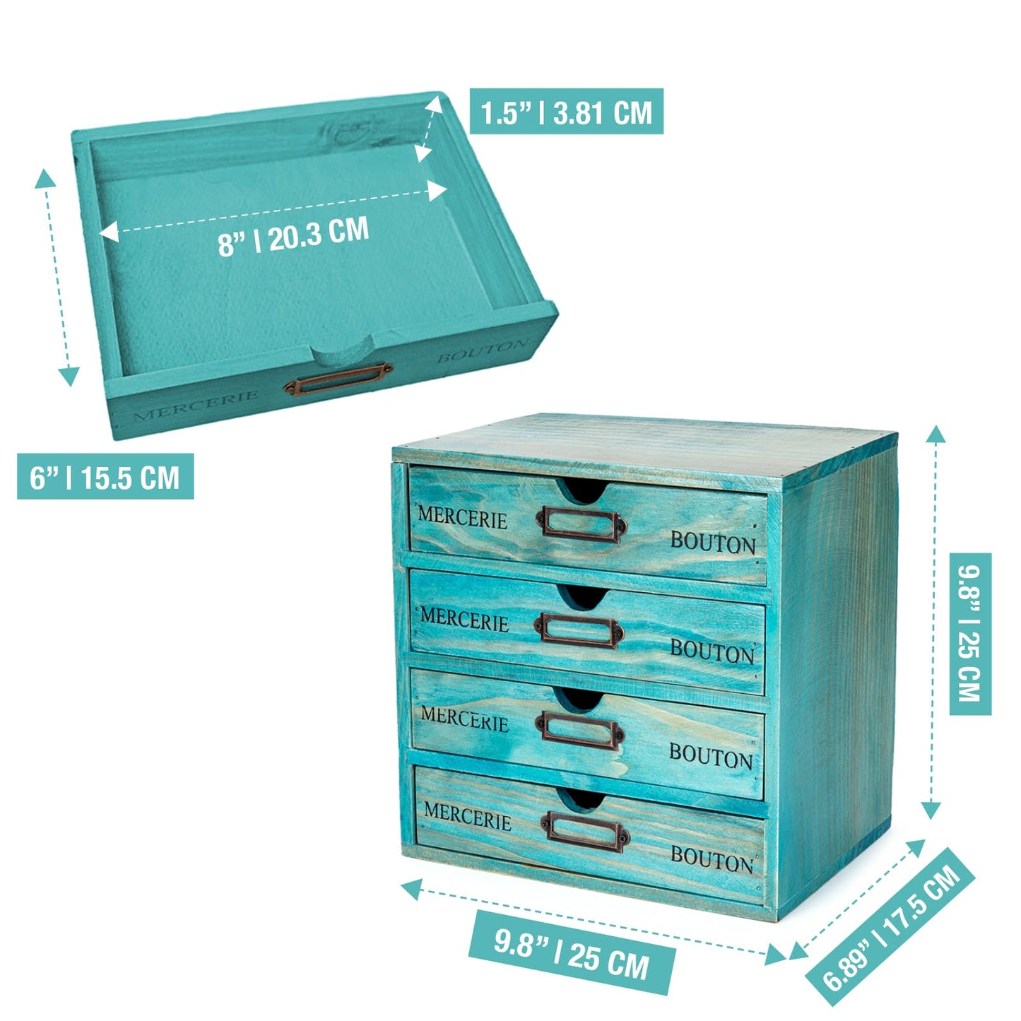Turquoise 4-Tier Drawer Unit - Teal European Country Style Desk Organizer Box - 9.7x7x10 Wooden