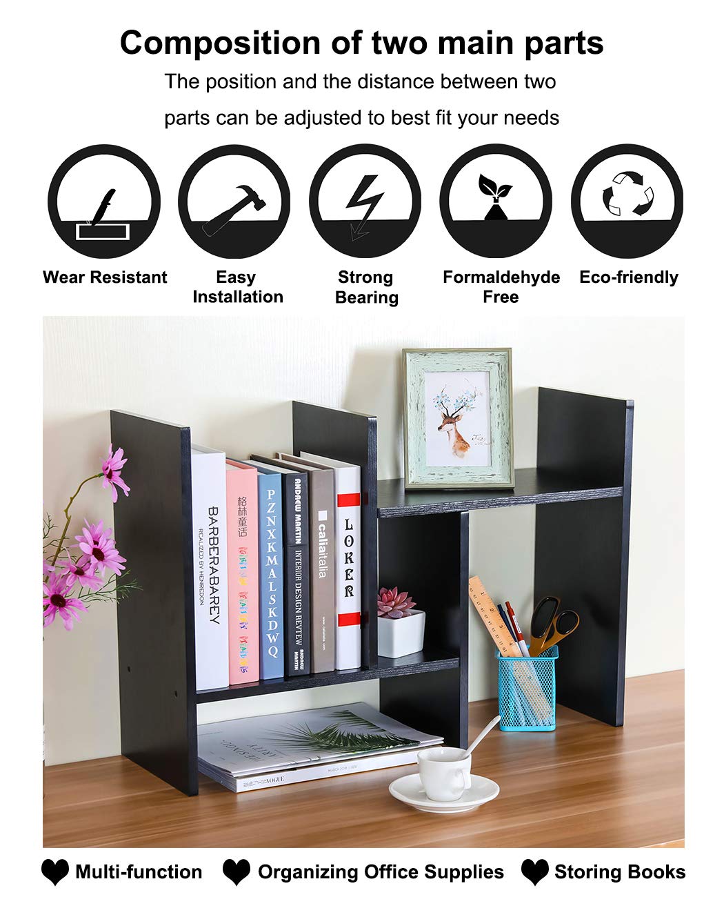 PAG-Mass Desktop Bookshelf Freestanding Wooden Countertop Bookcase Accessories Organizer Display