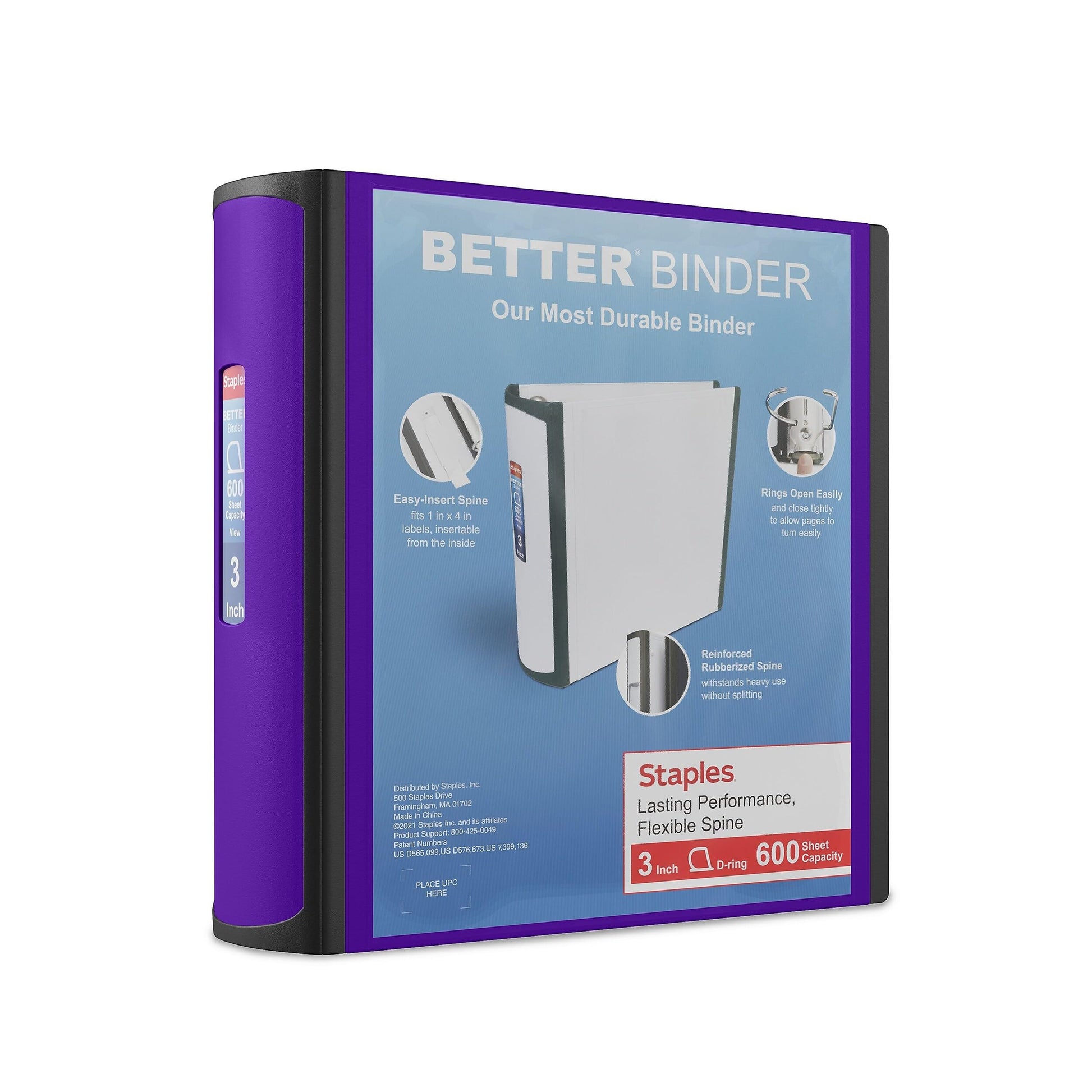 Staples Better 3-Inch D-Ring 3-Ring Binder, Purple, 600 Sheets