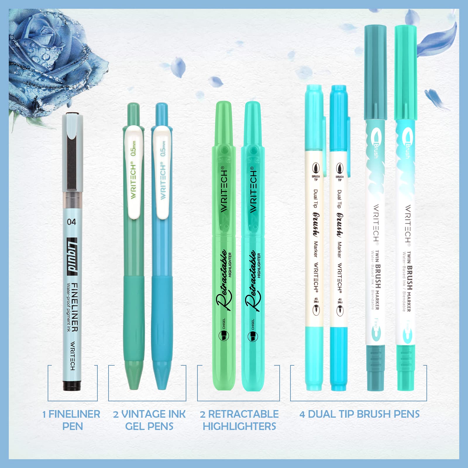 WRITECH Journaling Kit, Gel Ink Pens/Retractable Highlighters/Dual Tip Brush Pens/Fineliner Pens