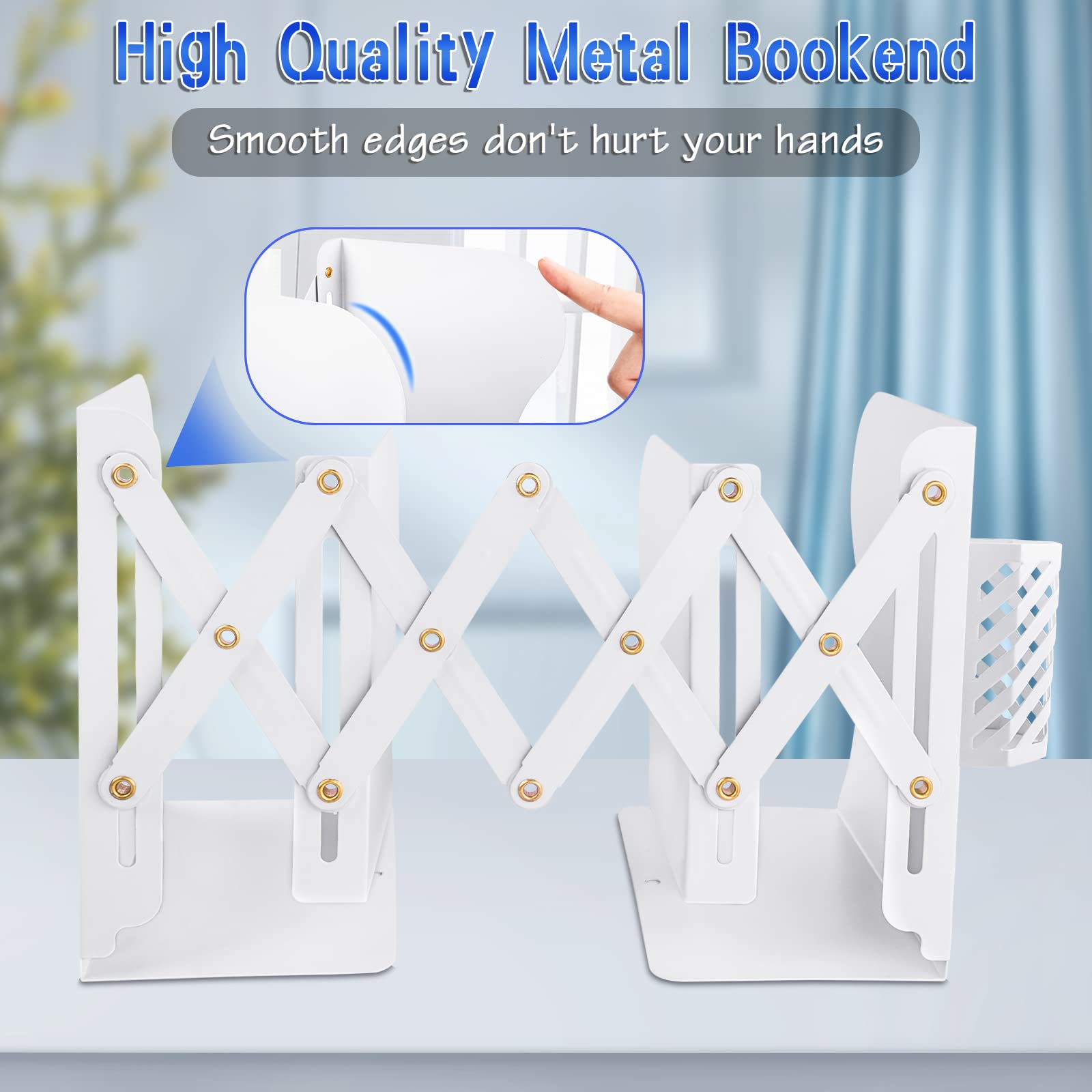 Heavy Duty Book Ends to Hold Books with Pen Holder, Adjustable Bookends, Metal Book Ends for