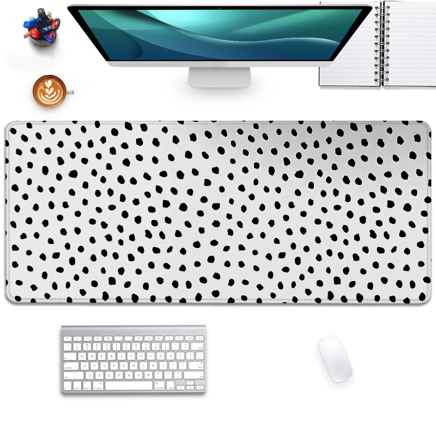 Boho Extended Desk Pad Mouse Pad,Large Polka Dot Mouse Mat with Stitched Edges,Non-Slip Rubber Base