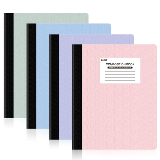 SUNEE Composition Notebooks - Wide Ruled Paper, 4 Pack Composition Book, 9 3/4" x 7 1/2", 80