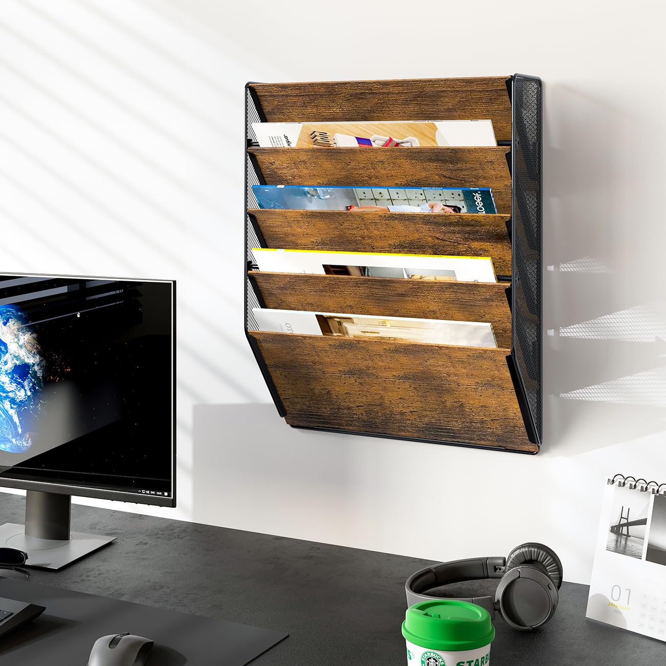 PAG-Mass Wall File Organizer for Office, 5-Tier Rustic Hanging File holder Wall Storage Rack for