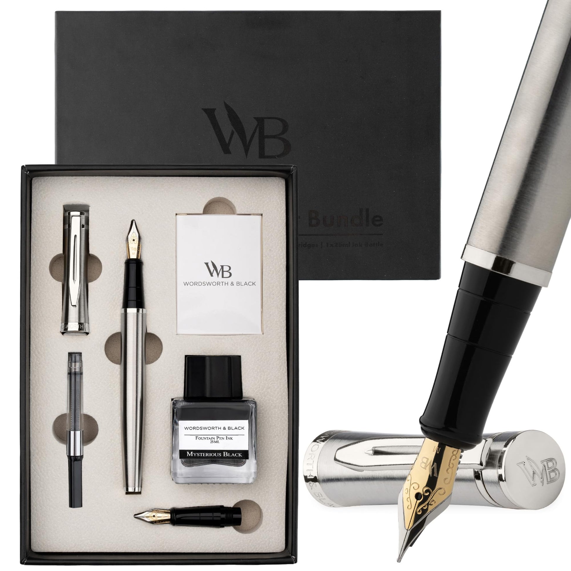 Wordsworth & Black Fountain Pen Gift Set, Medium & Extra Fine Nib, Silver