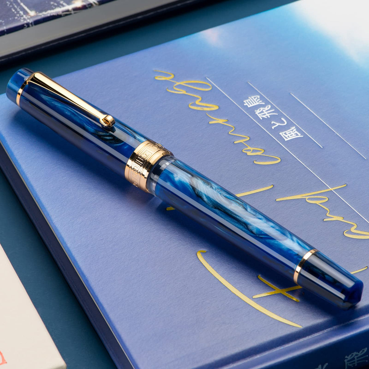 Asvine P20 Piston Fountain Pen Galaxy Blue Resin, Iridium Extra Fine Nib Gold Trim Smooth Writer