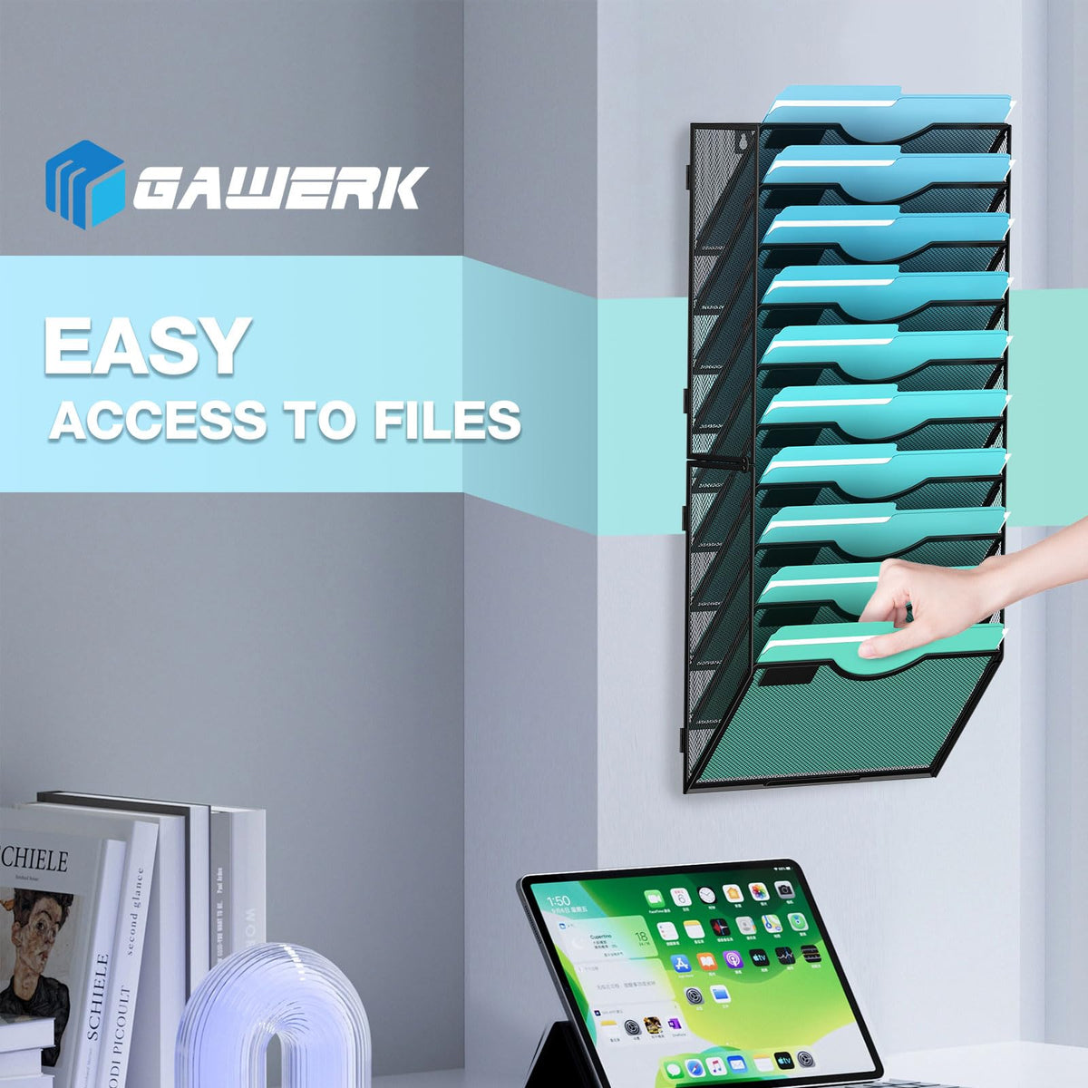 Gawerk 10-Tier Wall File Organizer Hanging Wall File Holder Wall Mount Paper Folder Organize, Mesh