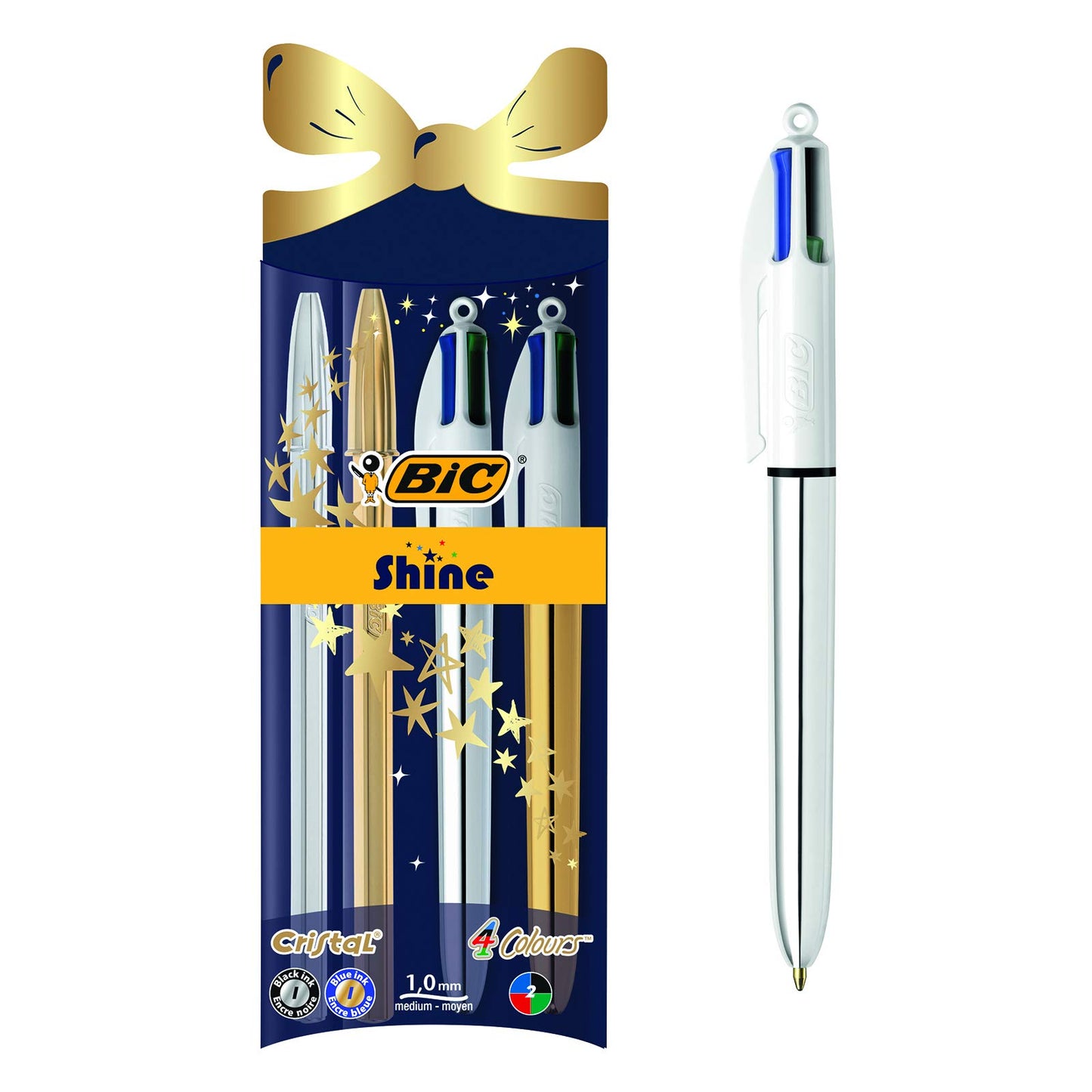 Bic Shine - Ballpoint Pen Gift Set for Christmas - Pack of 4 Pens (4 Colour and Cristal) with Gold