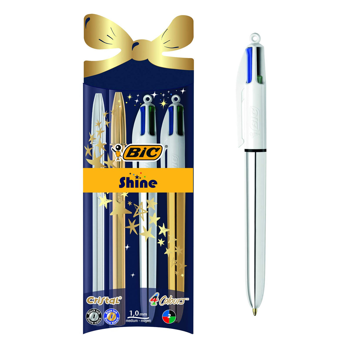 Bic Shine - Ballpoint Pen Gift Set for Christmas - Pack of 4 Pens (4 Colour and Cristal) with Gold